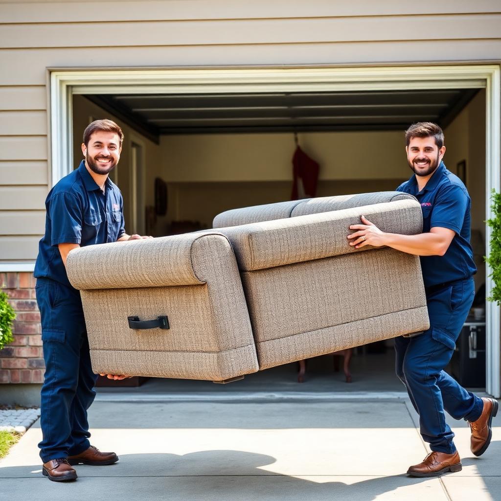 Two uniformed Lancaster County Junk Removal workers carrying a couch